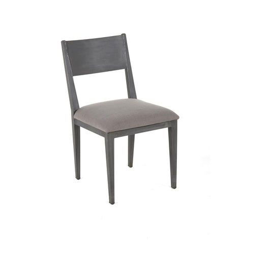 The Aubrey Metal Dining Chair features a simple gray metal frame and a slightly inclined backrest. The seat is cushioned and upholstered with light gray fabric. With four straight legs that taper slightly towards the bottom, this Aubrey Metal Dining Chair delivers a minimalist and modern appearance.