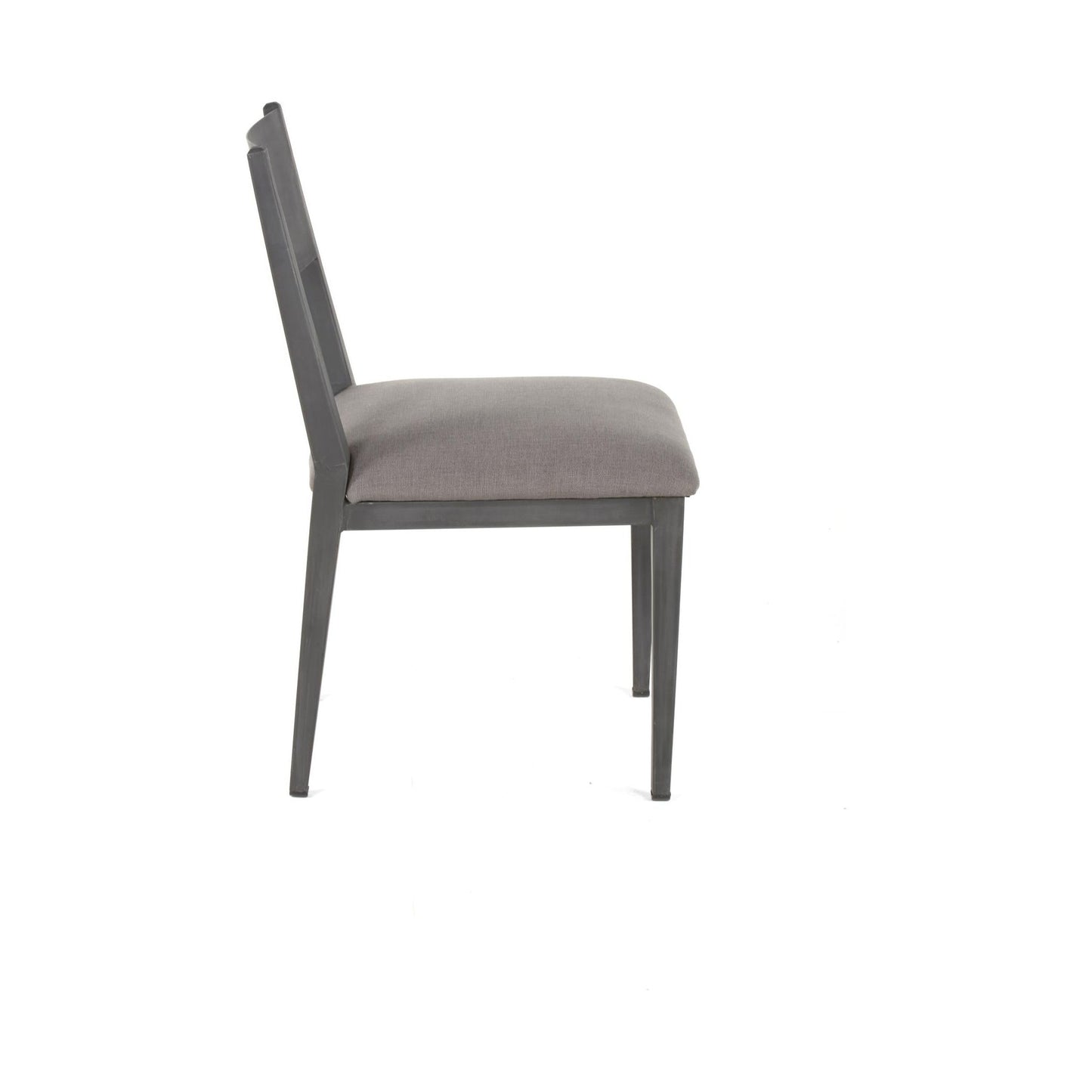 A side view of the Aubrey Metal Dining Chair showcases its modern design with a thin black iron frame and four legs. The Aubrey Metal Dining Chair features a slightly angled backrest for comfort and a padded seat, both upholstered in gray fabric. Its minimalist design gives this gray upholstered dining chair a sleek and elegant appearance.