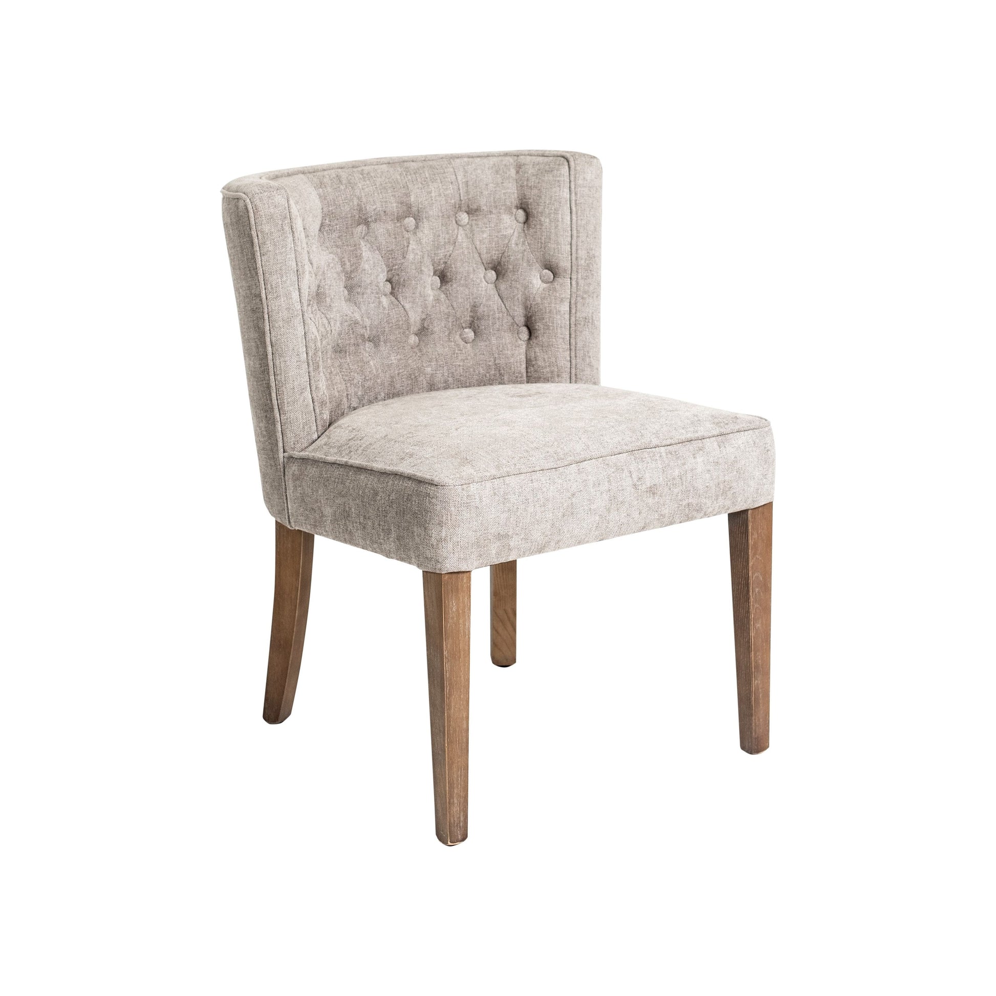 An elegant Alpha Dining Chair with a textured light gray fabric upholstery and sturdy wooden legs, isolated on a white background. The chair features a curved backrest and minimalist design embodying modern elegance.