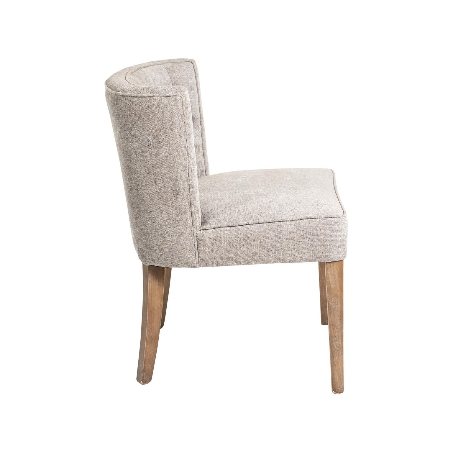 A modern, elegant Charlie Dining Chair with a curved back and a comfortable, padded seat, upholstered in a light grey fabric, standing on four wooden legs with a natural finish, isolated on a white background.