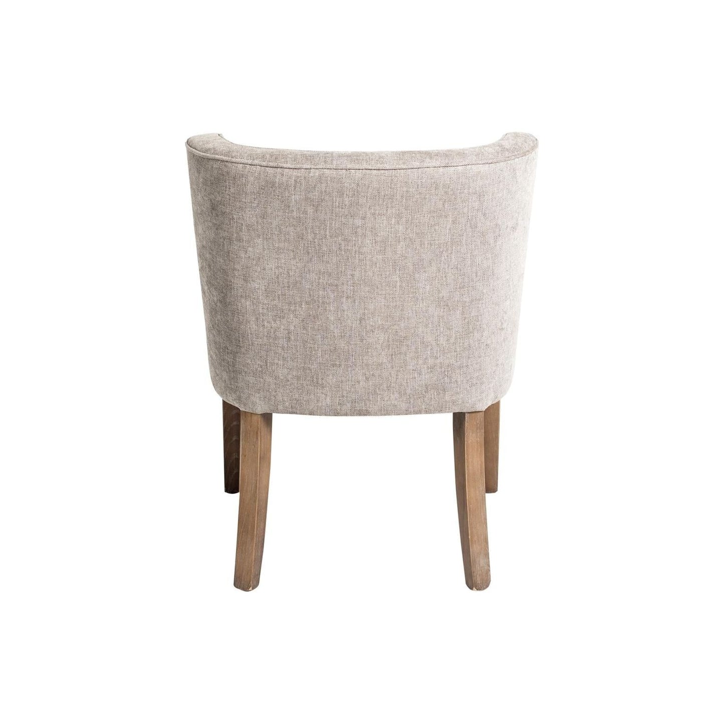 A versatile modern chair, the __Charlie Dining Chair__ features a curved back and is upholstered in light beige fabric, standing on four simple wooden legs. It is viewed from the side-back angle against a plain white background, embodying modern elegance.