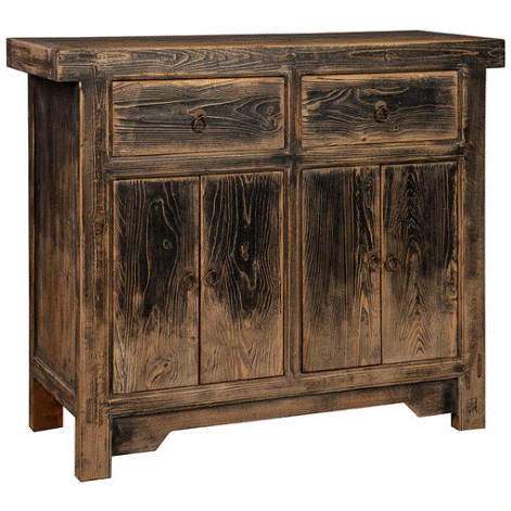 The Mortee Cabinet Buffet is a rustic, handmade solid pine piece with a distressed finish. It has two upper drawers, two cabinet doors with round knobs, visible wood grain, and sturdy rectangular sides and legs.