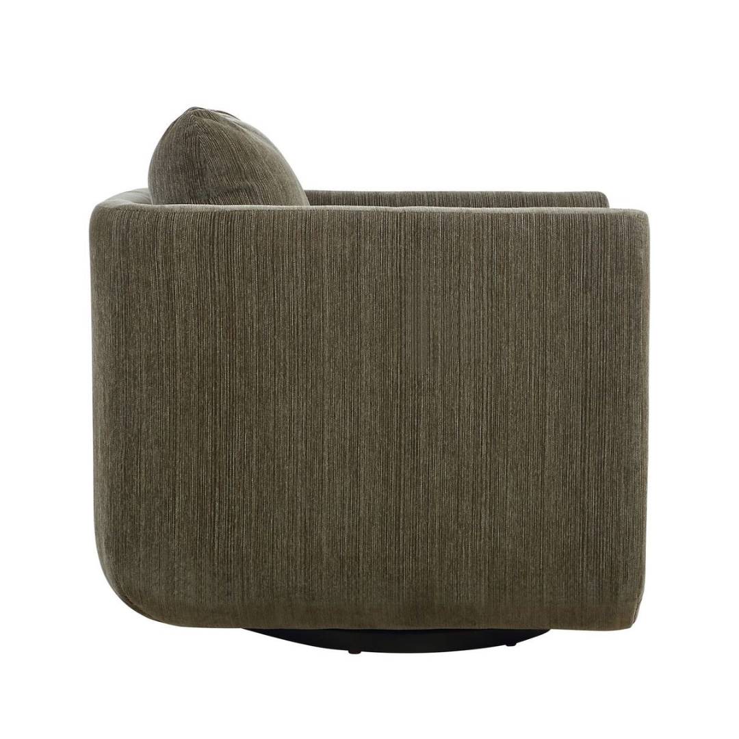 The Solana Swivel Accent Chair, Green, features sculptural curves and plush chenille upholstery in olive green. Shown in profile on a barely visible circular black base, the chair rests against a plain white background.