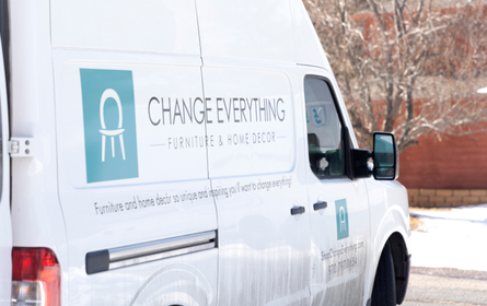 picture of the change everything delivery van that they use for in-home interior design services