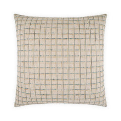 The Seabreeze Throw Pillow features a beige fabric cover with a clean grid of thin blue and tan lines, forming small squares for a modern, understated look.