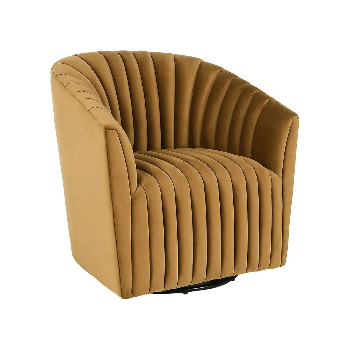 A modern, Adaline Swivel Accent Chair with vertical channel tufting on its back and sides, isolated on a white background. The chair has a round, plush seat and a low profile design.