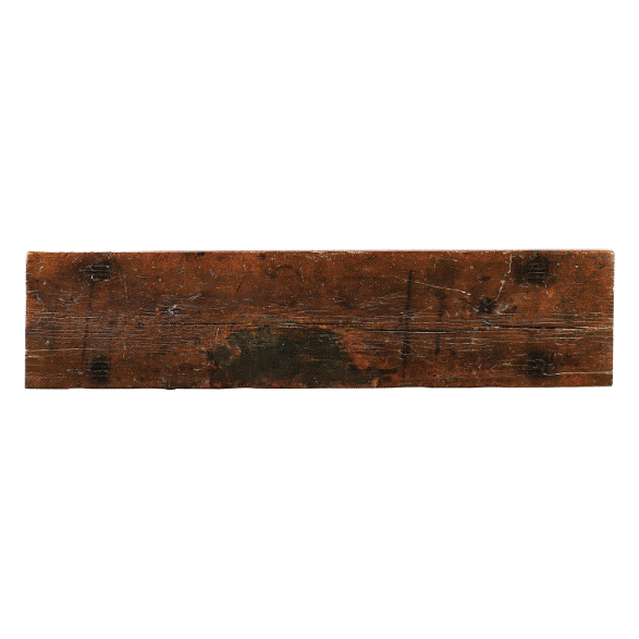 The Tigris Console Butcher Table is a rectangular reclaimed wood plank with a dark brown finish, visible grain, scratches, and scuffs. Four dark square marks near each corner suggest previous hardware or butcher table use.