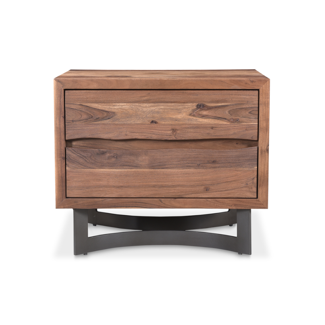 The Bentley Live-Edge Nightstand features solid acacia wood with a natural grain finish, two wide drawers, and a rectangular silhouette atop a black metal base with curved crossbar, blending modern rustic and industrial design.