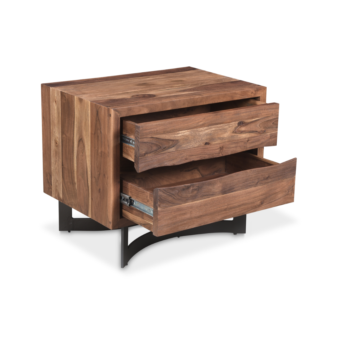 The Bentley Live-Edge Nightstand is crafted from solid acacia wood with a natural finish, featuring two partially open drawers. Its sturdy design stands on a black metal base with curved supports, blending modern rustic style and minimalist elegance.