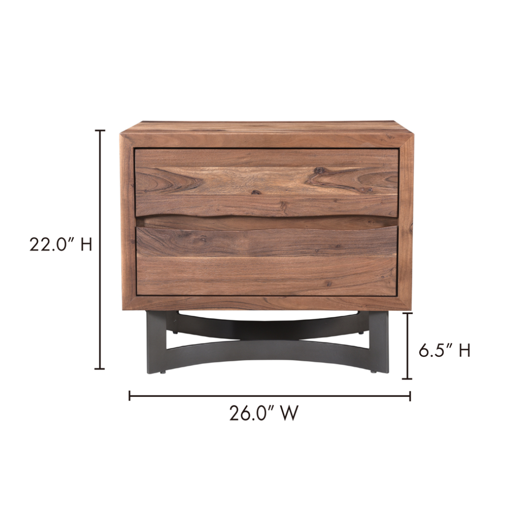 The Bentley Live-Edge Nightstand is crafted from solid acacia wood with a natural finish and visible grain, featuring two drawers and a sturdy black metal base. At 22" high and 26" wide, it adds rustic warmth to any bedroom.