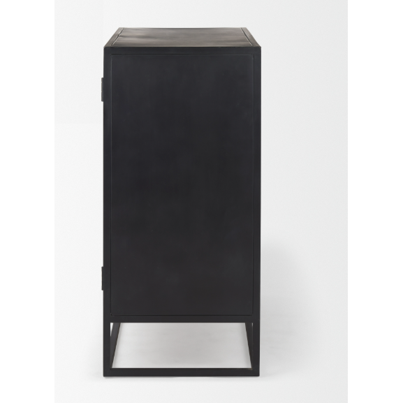 Side view of the Obsidian Media Cabinet, showcasing its contemporary minimalist design in black metal with a matte finish. It includes a single door with streamlined lines and a cable management port. The cabinet is supported by an open rectangular metal base, presenting a tidy appearance against a simple white backdrop.