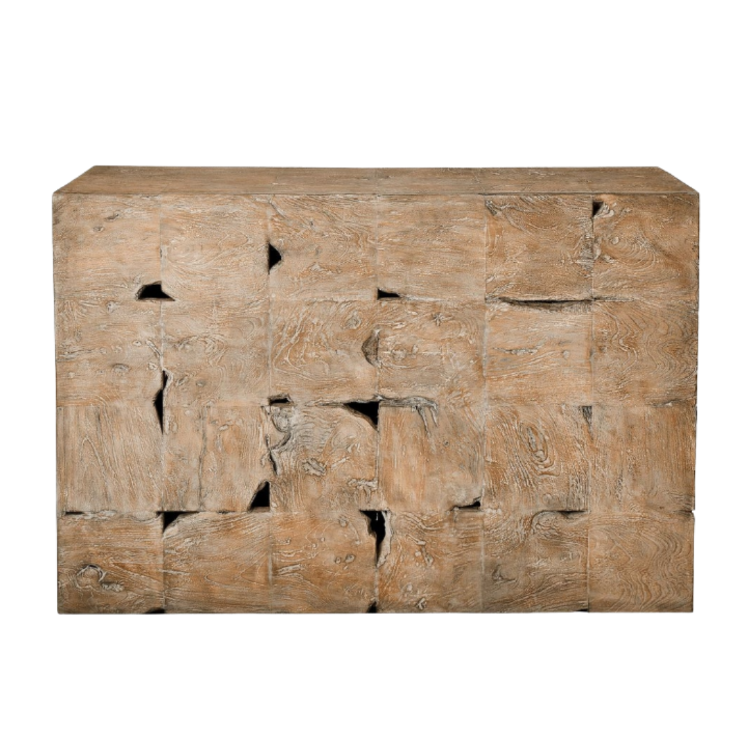 The Bravari Organic Modern Console Table is crafted from teak wood with a natural, rough-hewn finish, featuring irregular square panels and rich grain for an artisanal, handcrafted look in warm weathered brown tones.