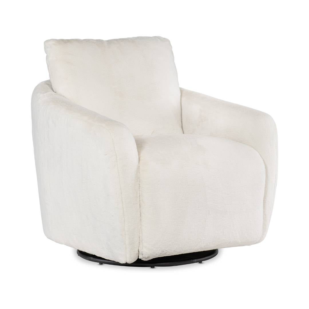 The Arista Swivel Chair with Power Footrest features soft white faux fur, a rounded backrest, wide cushioned armrests, and a thick seat cushion. Its modern design sits on a black circular base, adding inviting comfort to any space.