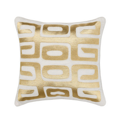The Celeste Throw Pillow is a 22"x22" white pillow with a shiny gold geometric pattern of rounded rectangles and ovals in a grid. Filled with luxury feather and down, it features smooth texture and bold contrast for decorative appeal.