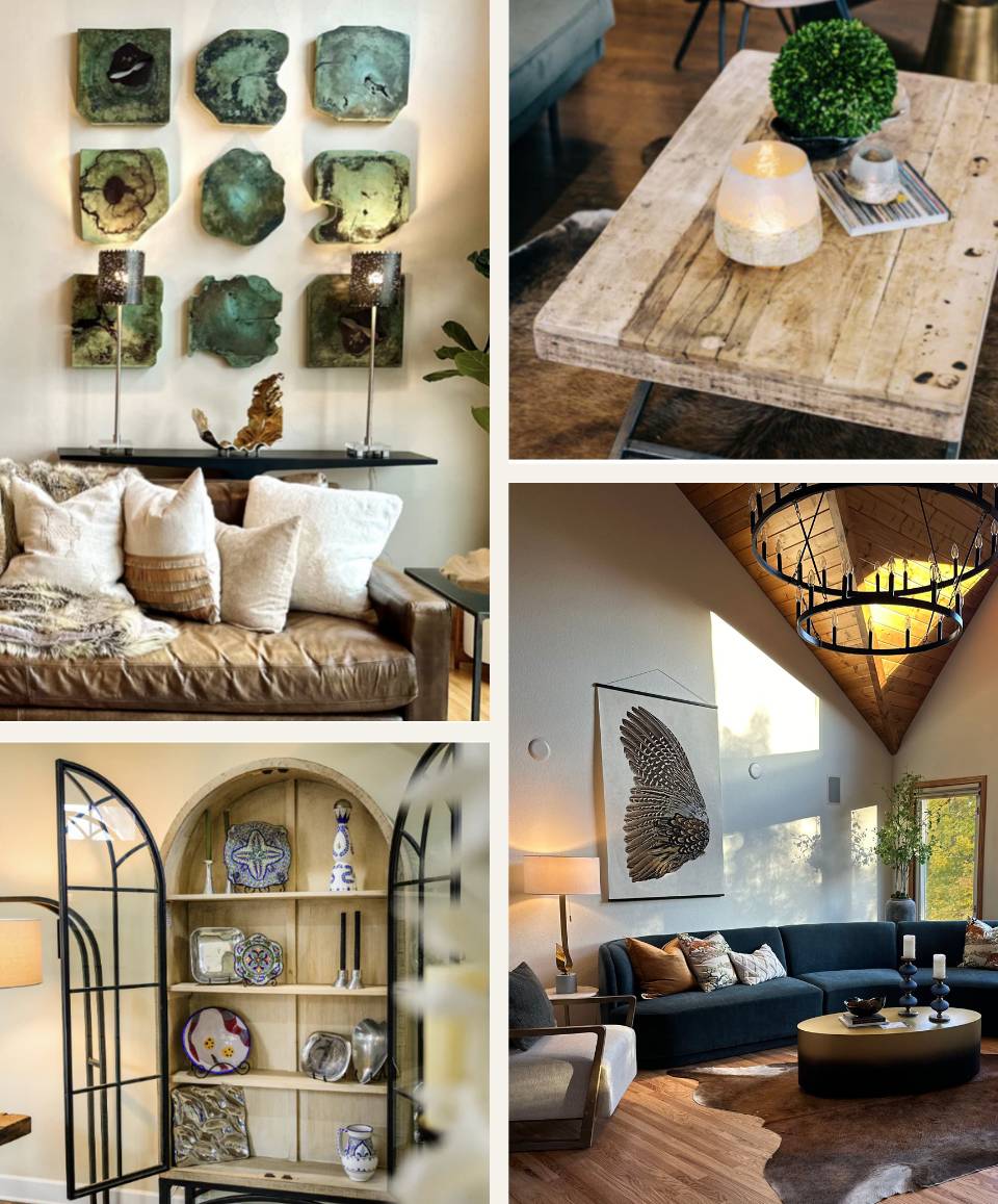 Collage of home decor items including wall art, furniture, and decorative objects.