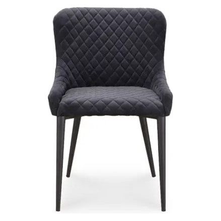 The Etna Dining Chair is a modern, sleek piece with black diamond-tufted velvet upholstery and a cushioned back and seat. The quilted pattern adds elegance, while the slender black legs that taper slightly outward enhance its stylish appeal. This tufted treasure is perfect as both a dining or accent chair.