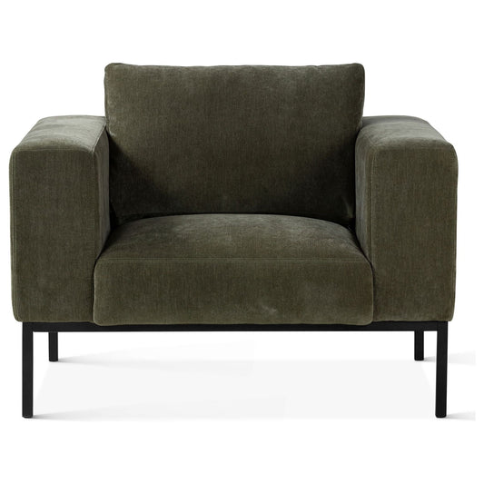 A plush, single-seat ~Stewart Accent Chair~ in olive green chenille fabric, featuring thick armrests and a large back cushion, set on a sleek, minimalistic black metal frame, against a plain white background.