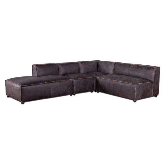 L-shaped modular sectional Antique Ebony leather sofa with visible stitching and small, low-profile legs, isolated against a white background.