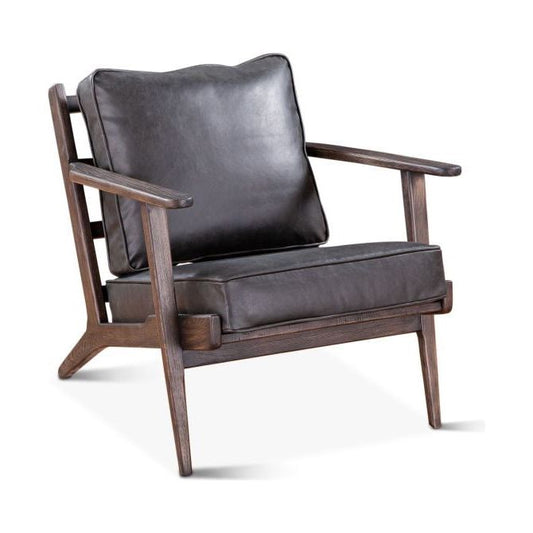 A Dalton Rustic Leather Armchair with a dark wood frame and plush, distressed leather cushions, both on the seat and backrest. The chair has a simple yet elegant design, featuring angular armrests and legs.
