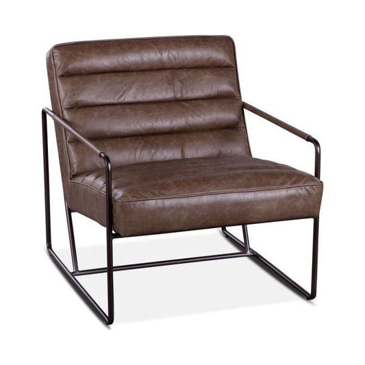 A modern armchair with a sleek, black metal frame and plush, tufted Dusty Leather upholstery. The chair design is simple with clean lines, featuring armrests and a comfortable deep seat.