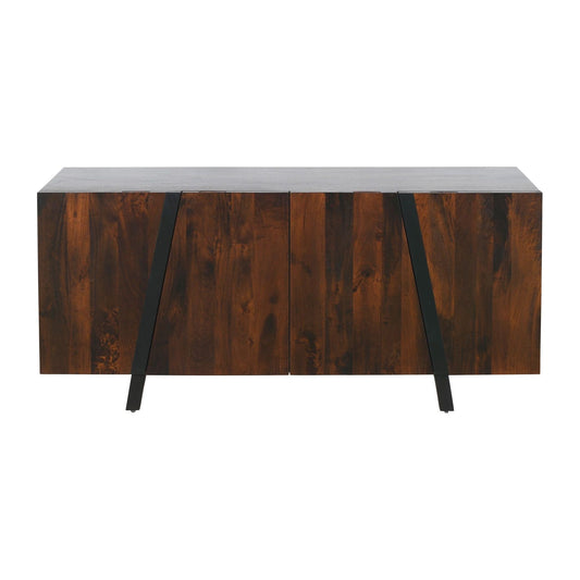 Product Name: Xavier Sideboard

Sentence: A sleek, contemporary Xavier Sideboard that enhances any living space with its rich, dark brown finish. It features a smooth rectangular top and is supported by two angular black metal legs positioned at each end.