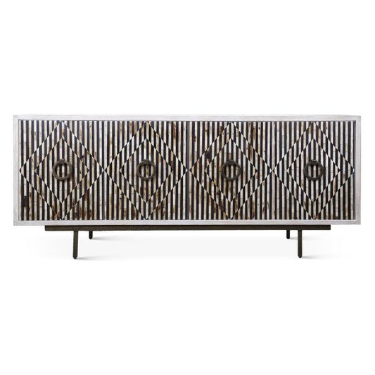 A stylish wooden sideboard featuring a detailed geometric pattern with stripes and diamond shapes, adorned with circular metal handles, and supported by a minimalist metal frame. This Artisan Inlay Sideboard is dark with lighter accents highlighting its unique elegance.