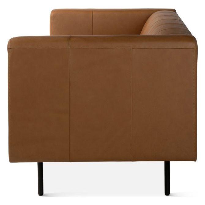 Side view of the Copper Leather Sofa, showcasing its modern design with black metal legs. It features top grain leather upholstery, a vertically stitched backrest, and squared armrests for a sleek minimalist aesthetic.