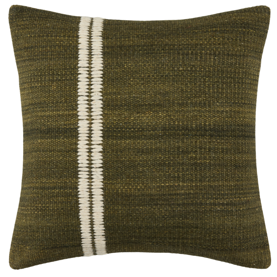 The Judah Cotton Pillow is rectangular and olive green, made from woven cotton with a coarse texture. Two close vertical white stitched lines accent one side, contrasting sharply with the muted, earthy green background.