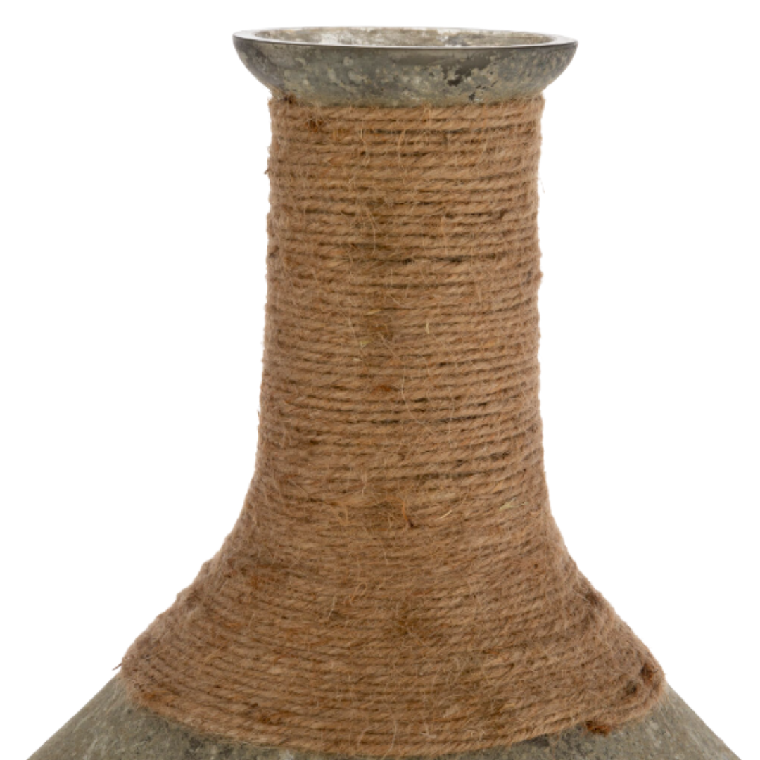 Close-up of the Junalie Sage Marbled Glass Vase’s neck, tightly wrapped with natural jute twine from just below the mouth to the shoulder. The exposed metal rim and marbled glass give it a rustic, handmade look.