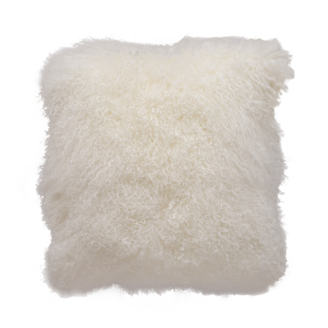 The Lamb Fur Pillow features a fluffy, curly wool texture exuding elegance. Its Tibetan lamb fur creates a plush, cloud-like look with various curls and waves, offering a luxurious and inviting touch of sophistication against a plain white background.