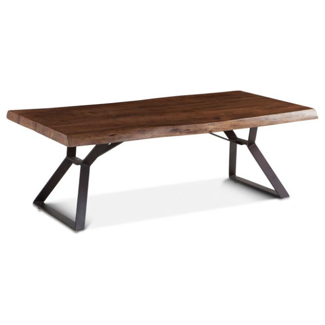 The Loft Natural Live Edge Coffee Table is a rectangular wooden coffee table with slightly curved edges, featuring an industrial touch. The rich, dark brown tabletop made of acacia wood showcases visible natural grain patterns. It is supported by two black, angular V-shaped metal legs connected at the base for stability.