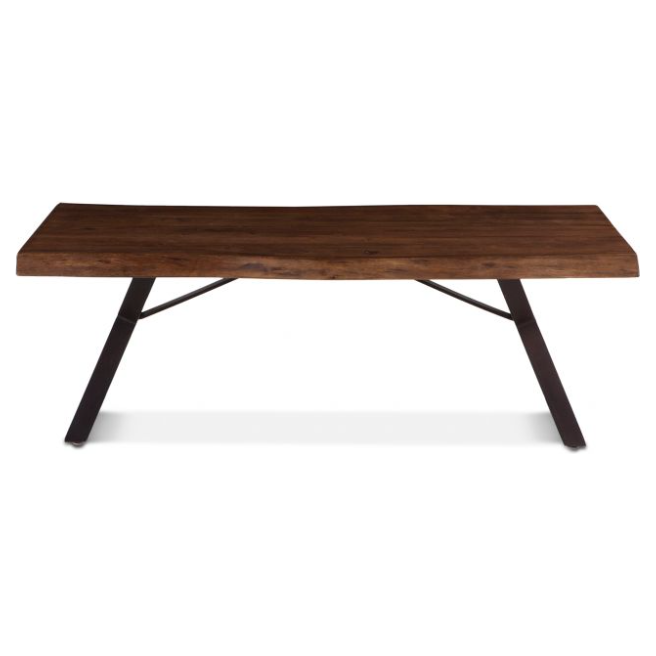 The Loft Natural Live Edge Coffee Table is a rectangular wooden table with a dark brown finish. It features a thick, flat tabletop crafted from Acacia wood and two angled legs made of black metal, forming an inverted "V" shape. The design is modern and minimalist, showcasing the natural grain of the wood and adding an industrial touch with its sturdy metal framework.