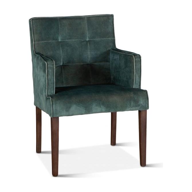 A green velvet armchair with a birchwood frame and brown legs, featuring a high backrest and a seat cushion.