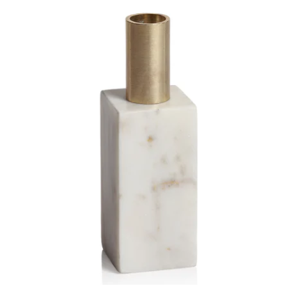 The Morphinan Marble Candle Holders, available as a set of three, feature a minimalist design with small, rectangular white marble complemented by subtle brown veining. Each piece acts as an elegant accent in your home decor, showcasing brushed brass tops with cylindrical openings perfect for holding candles or decorative items. This design beautifully highlights the contrasting textures of marble and metal.