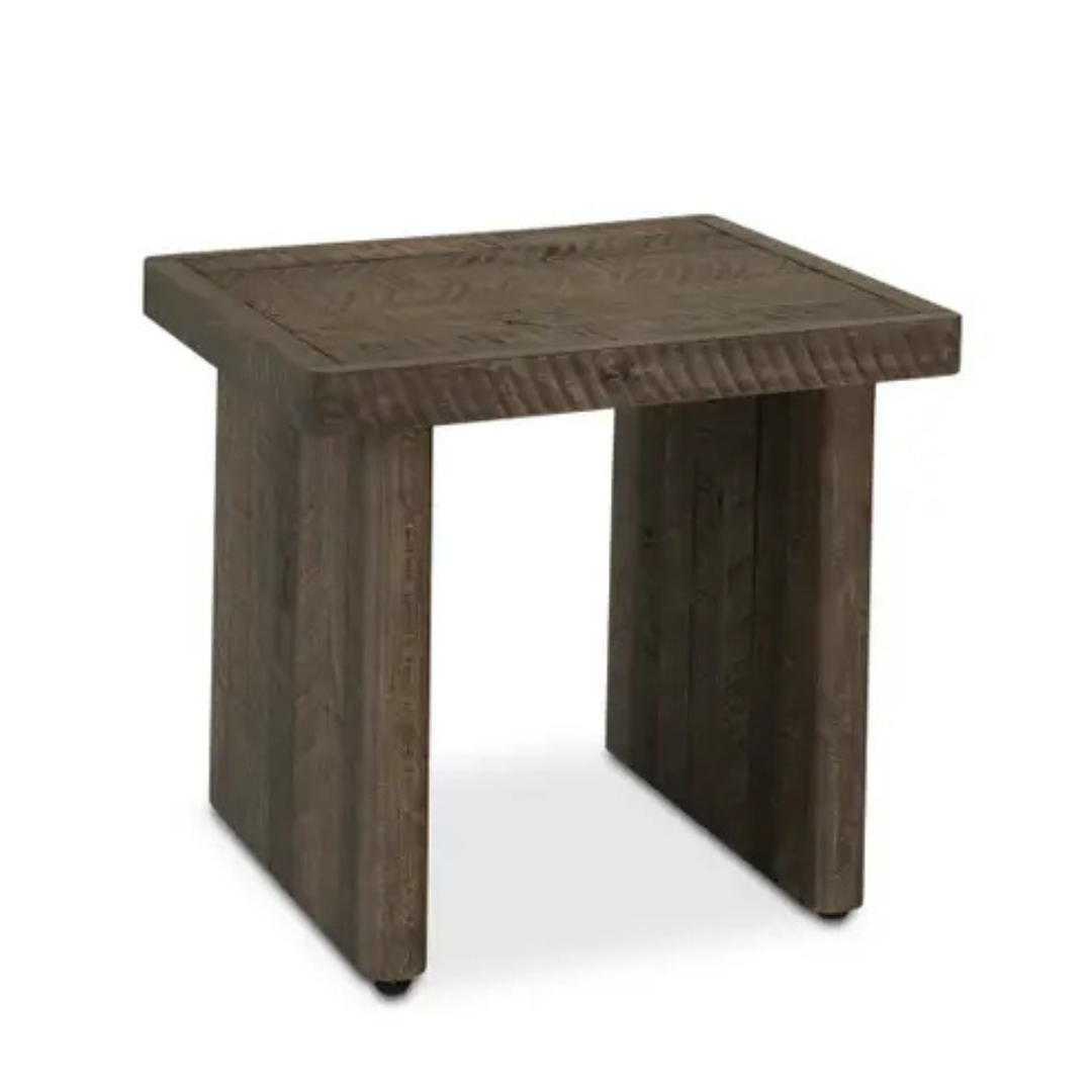 The Monte Wood Side Table is a small, square rustic side table with a dark driftwood finish, featuring thick solid legs, a smooth top with visible wood grain, and clean, straight lines for a simple and sturdy design.