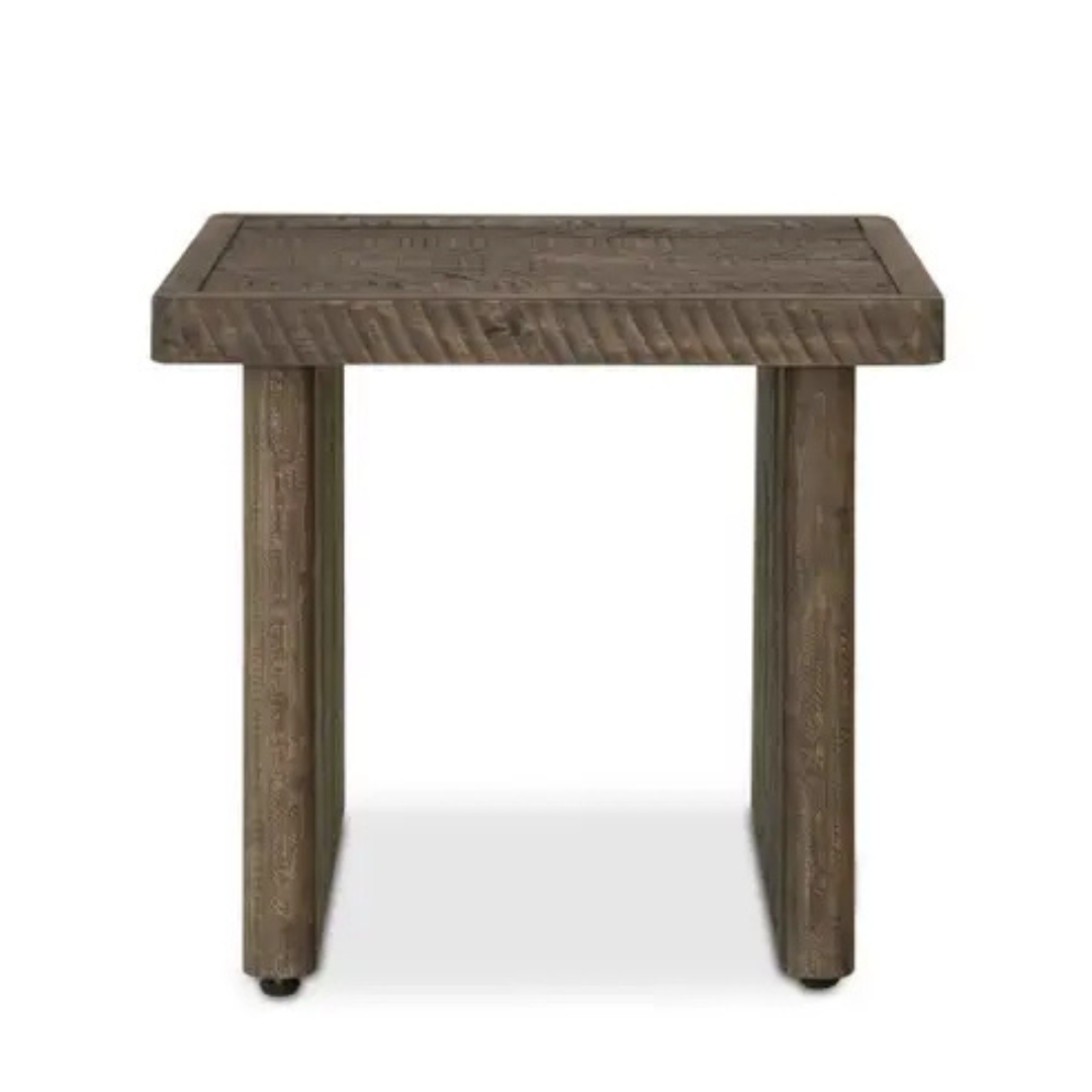 The Monte Wood Side Table is a small, square wooden table with a rustic dark brown driftwood finish, textured and weathered surfaces, simple straight lines, and no extra shelves or decorations.