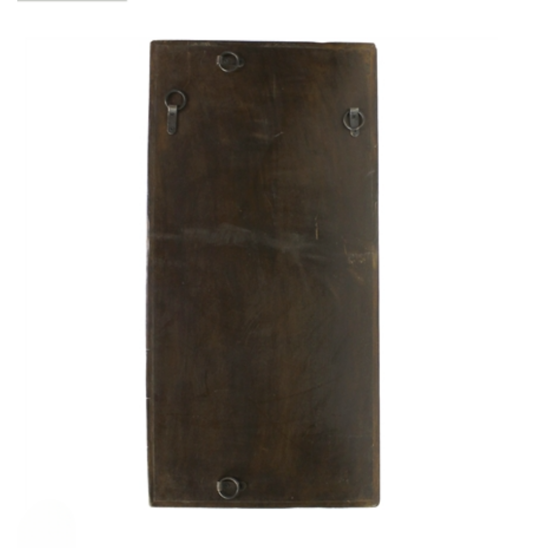 The Remarque Wood Wall Décor is a rectangular panel crafted from reclaimed wood with a dark brown finish and subtle grain patterns. It includes four metal hooks at each corner, shows signs of wear, and serves as vintage wall décor.