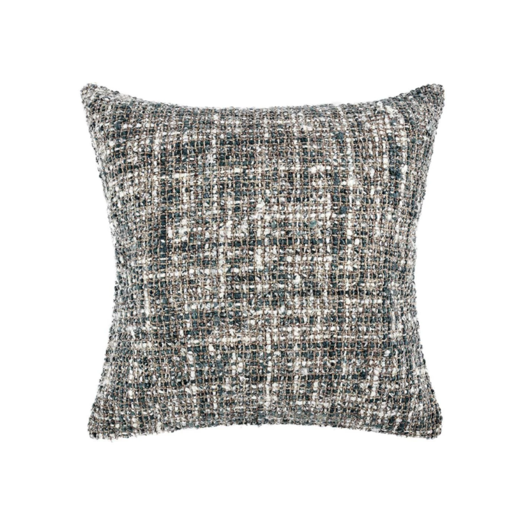 The Rowan Throw Pillow, Blue features a textured, woven fabric in gray, black, white, and blue with a tweed-like pattern and plush feather/down insert for a luxe look. Shown resting against a plain white background.