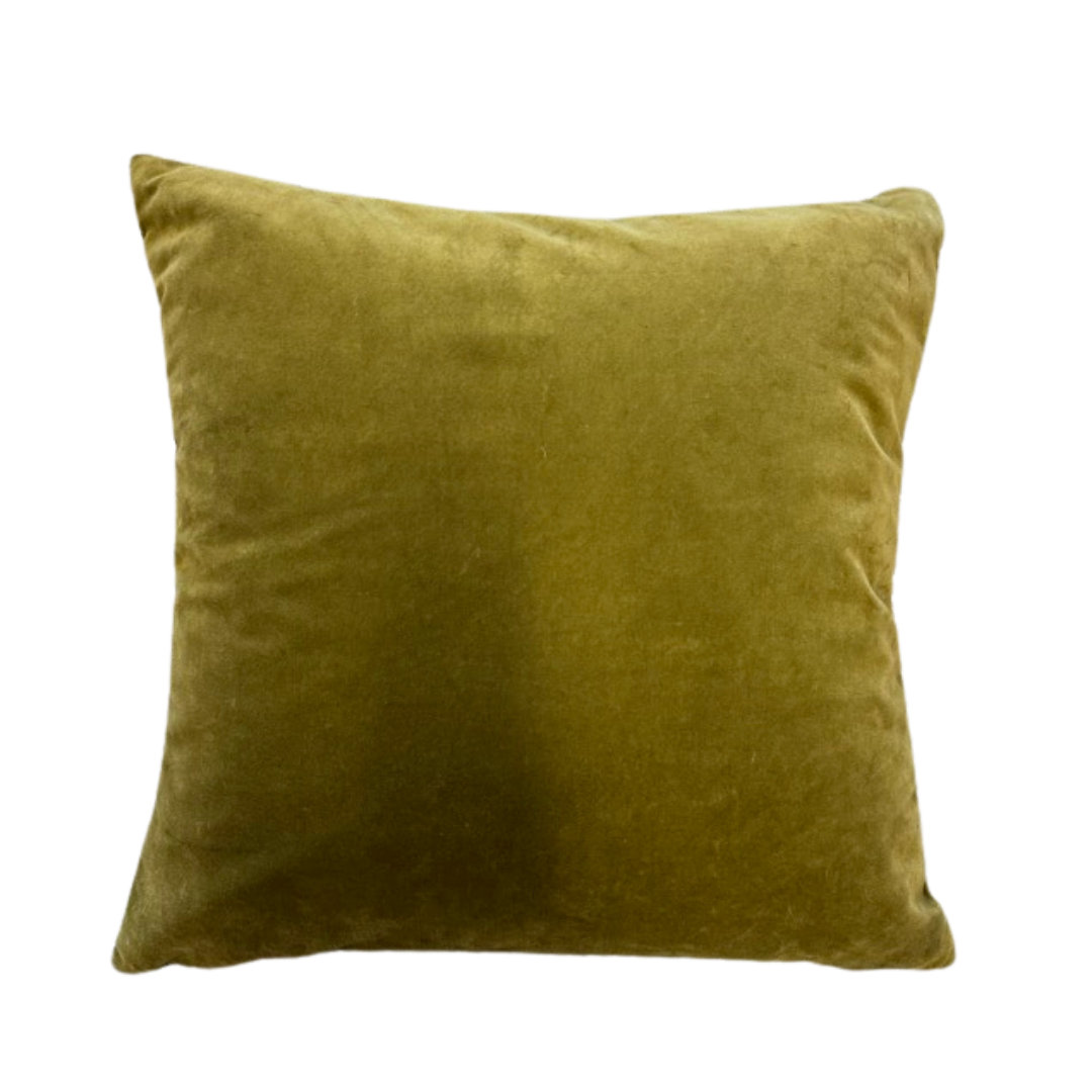 The Sally Green Velvet Throw Pillow features a square, soft design with an olive green velvet cover and plush down fill. Slightly rounded corners and subtle highlights emphasize its premium texture against a plain white background.
