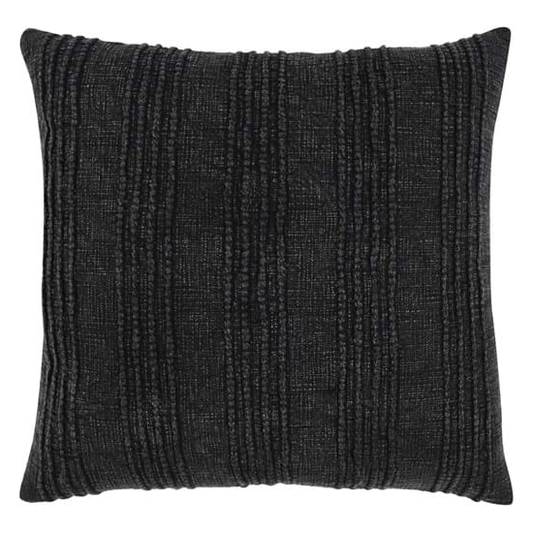 A square, black Ezra Black Throw Pillow with a textured fabric featuring vertical, ribbed lines. The cushion has a subtle sheen, highlighting the pattern. Filled with a feather and down insert for added luxury, the design appears modern and is perfect for contemporary decor. The edges are neatly finished, giving it a polished look.