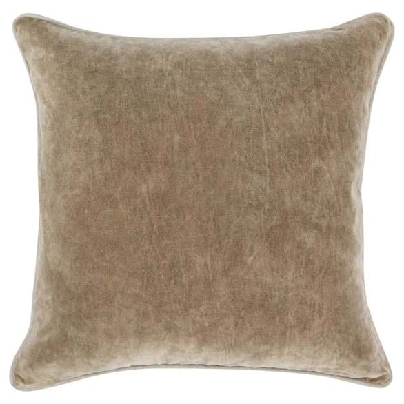 A square, beige Everlee Velvet Wheat Throw Pillow filled with luxurious down feathers is shown from a front view. The fabric has a soft, plush texture with a slight sheen, and the corners are slightly rounded. There are no visible patterns or designs on the pillow, giving it a simple, elegant appearance.