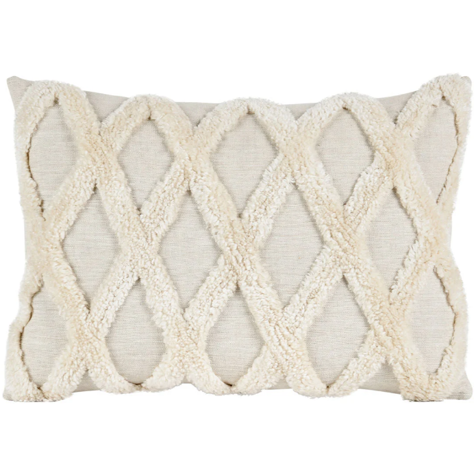 Cairo Ivory Throw Pillow with a textured diamond pattern in luxurious ivory plush fabric. The pattern consists of raised, overlapping diamonds in a lattice arrangement, giving the pillow a cozy, stylish appearance. Filled with a down insert, it offers both comfort and elegance.