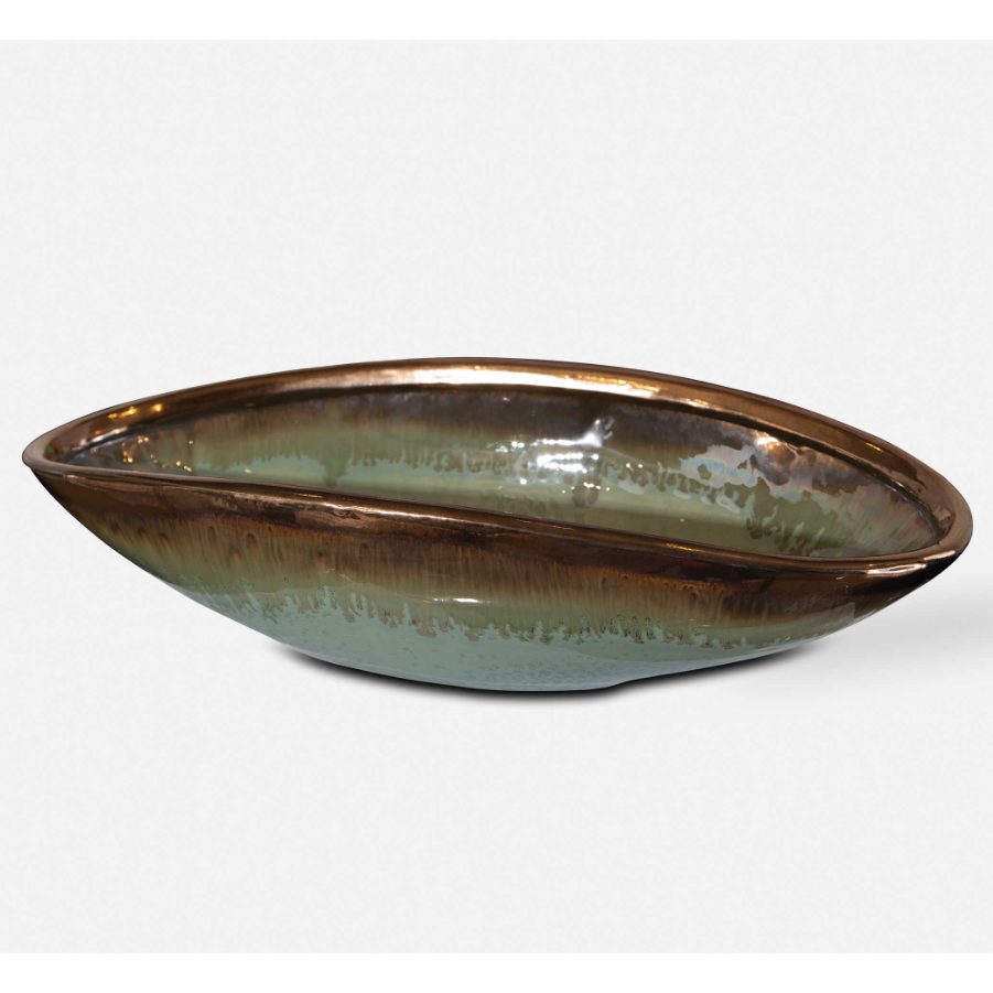 An Iroquois Bowl with an elongated oval shape, featuring a glossy surface. The bowl boasts a blended gradient from mint green to darker green, with varied textures. Aqua blue details highlight the rim, which is outlined in a metallic bronze finish, adding a distinct contrast to the overall look.