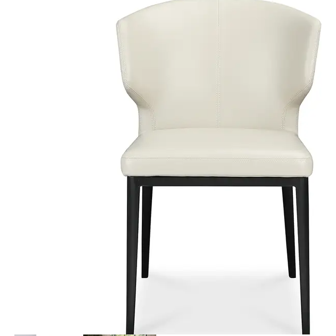 The Randolph Dining Chair features a cream-colored upholstered seat and backrest with a subtle curve for support. Its sleek black metal legs taper downward, offering a minimalist look that blends elegance and simplicity, making it ideal for versatile seating in any space.