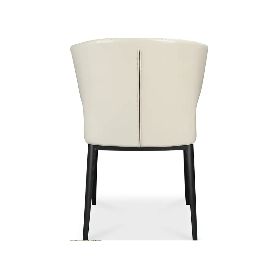 Back view of the Randolph Dining Chair, showcasing its cream vegan leather upholstery, sleek black tapered legs, and vertical central seam. Its modern, minimalist design exudes sophistication and versatility against a white background.