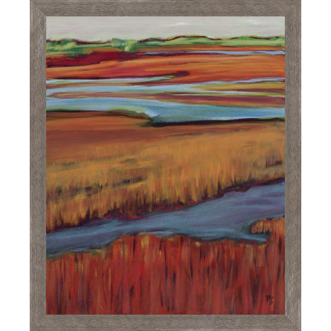 A framed "Outer Banks Wall Art" painting showcasing a vibrant autumn marsh, ideal for any gallery wall. It features rich red, orange, and gold tones representing grassy marshlands with blue water streams under a softly hued sky, capturing the serene beauty of the Outer Banks.