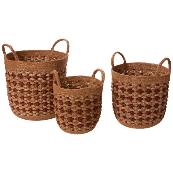 The Borro Basket set includes three hand-woven baskets, each with two handles, shown in descending size. Featuring a red and tan checkered pattern with solid tan rims, they're made of natural fibers—perfect for organizing toys or household items.