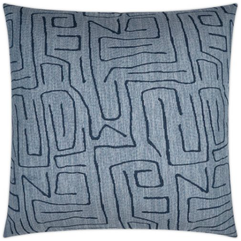 The Novato Throw Pillow features a square cushion with a blue fabric cover, decorated with an abstract labyrinth-like pattern. Filled with a cozy down insert, the design displays irregular shapes that resemble elongated, interconnected letters outlined in a darker blue than the fabric base. The dense pattern is evenly distributed across its 20x20 surface.