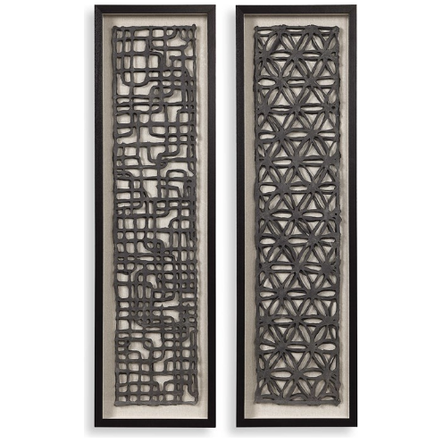 The Evander Wall Art set includes two vertically oriented rectangular pieces, each enclosed in black shadow box frames. Both artworks display intricate black geometric patterns on a white background. The left piece features an irregular grid design, while the right piece presents a symmetrical, interconnected hexagonal pattern.