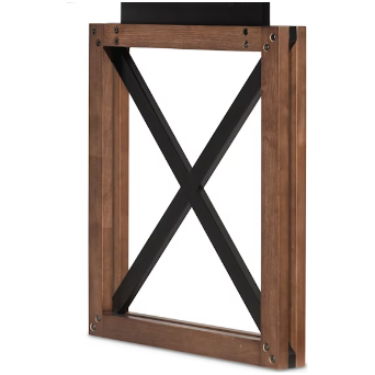A wooden and metal leg frame stands upright, featuring brown wood and black metal bars in an X-shape with visible screws. It's the perfect base for the Soren Walnut 64" Modular Desk Top or a rectangular walnut modular desk system.